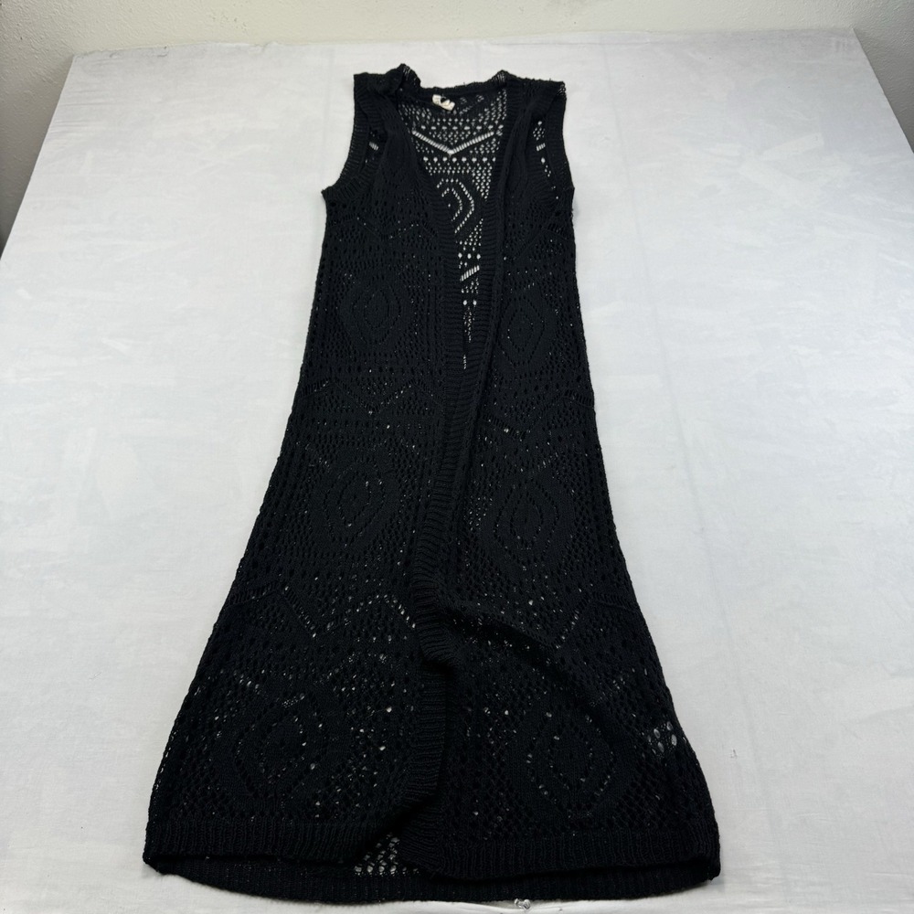 POL Open Knit Longline Vest Large Gray Marled Crochet Duster